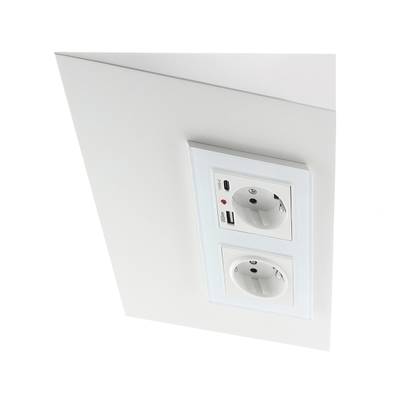 Nízkoprofilová úhlová zásuvka do kuchyně, 2 zástrčky + nabíjecí porty USB-A a USB-C, bílá