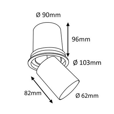 Schéma válcového svítidla LED, včetně rozměrů 90 mm, 96 mm, 103 mm, 82 mm, 62 mm, světelný profil