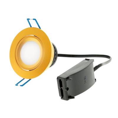 Zlaté vestavné LED svítidlo s kulatým tělem, černou napájecí zásuvkou a viditelnou modrou montážní sponou pro snadnou instalaci.