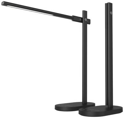 Dvě černé stolní lampy LED; jedna s vodorovným ramenem, druhá se svislým sklopným ramenem, moderní osvětlení.