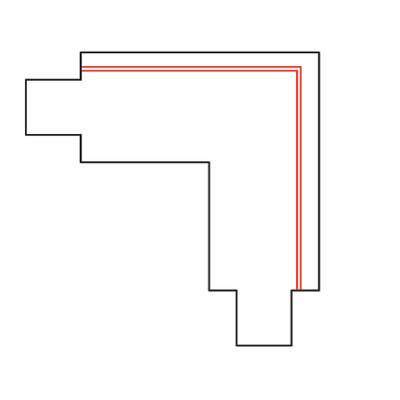 Grafika černého šikmého obrysu rohu schodiště s menším červeným vnitřním okrajem na bílém pozadí, která představuje moderní design osvětlení LED.