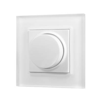 Alternativní text: "Minimalistický čtvercový panel s kulatým knoflíkem a bílým stmívačem pro ovládání LED osvětlení.