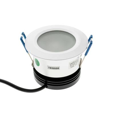Kulaté stropní svítidlo LED T815550 s bílým okrajem, černou základnou, modrou svorkou a černým napájecím kabelem. Ideální pro moderní řešení osvětlení v domácnosti.