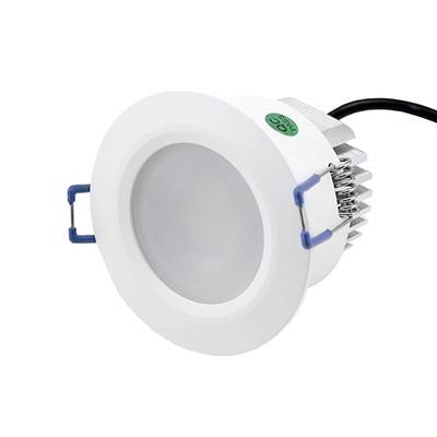 Kulaté bílé vestavné LED svítidlo, chladič, modré montážní svorky, černý kabel pro stropní osvětlení.