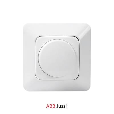 Bílý nástěnný vypínač ABB Jussi pro osvětlení LED, kulaté tlačítko a čtvercová základna, moderní design.
