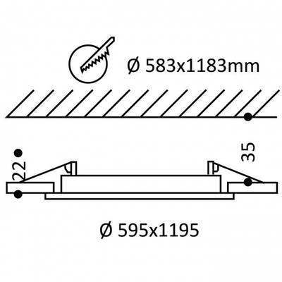 Schéma rozměrů kulatého předmětu: horní část 583x1183mm (symbol pily), spodní část 595x1195mm, tloušťka 22mm - 35mm.
