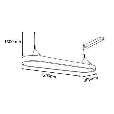 Schéma oválného závěsného svítidla LED o rozměrech 1500 mm na výšku, 1200 mm na délku a 300 mm na šířku.