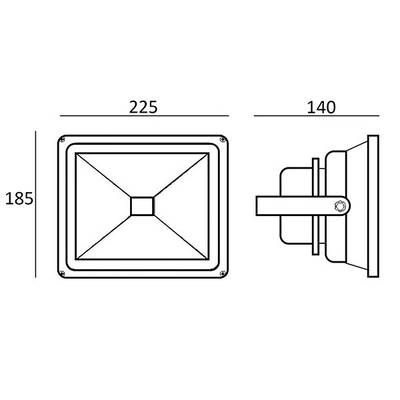 Schéma obdélníkového LED reflektoru s rozměry: výška 185 mm, šířka 225 mm, hloubka 140 mm; pro srovnání obsahuje čelní a boční pohled.