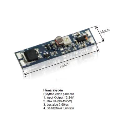 Úzká deska s LED obvody (49x10mm) s technickými informacemi o osvětlení viditelnými níže.