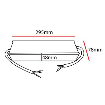Čárový výkres obdélníkového zdroje LED, 295x78x48 mm, se dvěma prodlužovacími kabely. Ideální pro účinné systémy LED osvětlení.