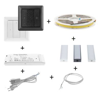 Komponenty LED osvětlení: spínače, LED pásek, obdélníkové panelové osvětlení, napájecí zdroj, kabel, zástrčka