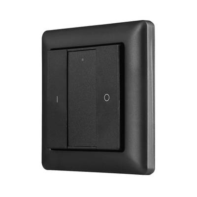 Moderní černý dvojitý vypínač světla se čtvercovým designem, se symboly "I" a "O" pro polohy zapnuto/vypnuto; ideální pro osvětlení LED.