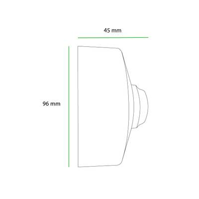 Boční pohled na kopulovité světlo LED s rozměry: výška 96 mm a šířka 45 mm, ideální pro kompaktní řešení osvětlení v obchodě a domácnosti.