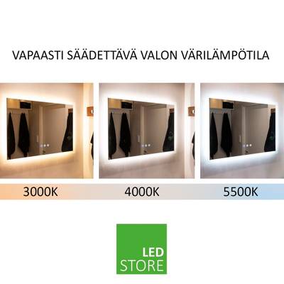 Tři zrcadla s nastavitelnou teplotou barvy (3000K, 4000K, 5500K) s textem "Volně nastavitelná teplota barvy světla". Pod ním logo obchodu se zelenými LED diodami.