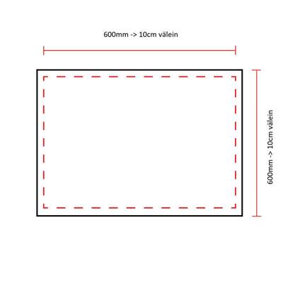 Obdélníkový diagram zobrazující intervaly měření od 600 mm do 10 cm na šířku a výšku s přerušovanými čarami pro rozměry LED osvětlení.