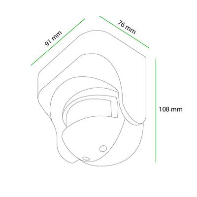 Čárový nákres sledovací kamery, rozměry 91x76x108 mm, vyznačeno zeleně, ideální pro SEO optimalizaci obchodu s LED osvětlením.
