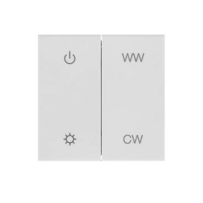 Dvoudílný spínací panel bílého světla: vlevo vypínač napájení a světla, vpravo "WW" (teplá bílá) a "CW" (studená bílá) pro ovládání LED.