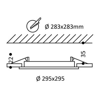 Technický výkres kruhového výřezu (283x283 mm) a čtvercové krycí desky LED (295x295 mm, tloušťka 35 mm) s podrobným návodem k instalaci osvětlení.