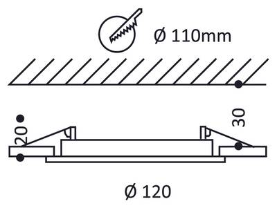 Rozměrový výkres kruhového panelového svítidla o průměru 120 mm s montážním otvorem 110 mm. Vyžaduje montážní hloubku pouze 30 mm.