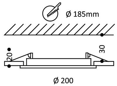 Technický výkres kotoučové pily 185 mm se základnou 200 mm, zobrazující rozměry 20 mm a 30 mm, LED osvětlení pohybu SEO.