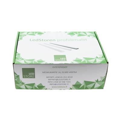 Zeleno-bílý osvětlovací box LED Store s geometrickým designem, řešení osvětlení LED a kontaktní údaje.