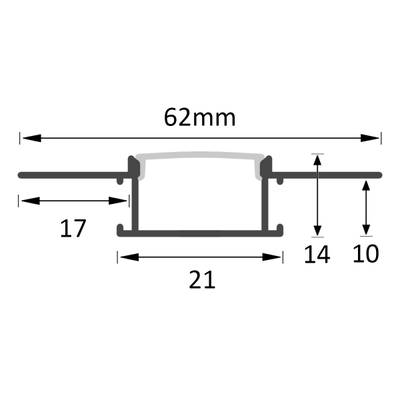 Technické schéma LED světla: Šířka 62 mm, výška 17 mm. Pro přesnost jsou viditelné části ve výšce 21 mm, 14 mm a 10 mm.