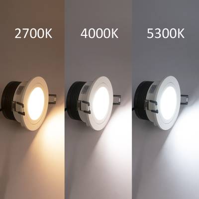 Tři svítidla vedle sebe s teplým 2700K, neutrálním 4000K a studeným bílým 5300K osvětlením.