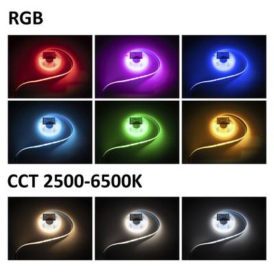 RGB a CCT LED pásky v červené, fialové, modré, bílé, zelené a žluté barvě; teplota bílé od 2500K do 6500K pro všestranné osvětlení.