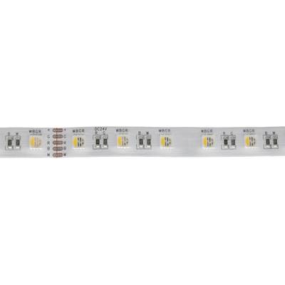 Detailní záběr bílého flexibilního LED pásku s různobarevnými LED čipy. Ideální pro akcentní a ambientní osvětlení v domácnostech nebo firmách.