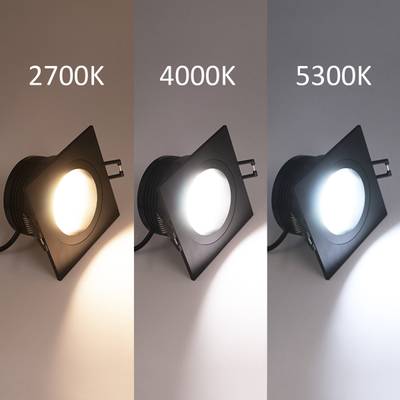 Tři světla LED ve tvaru čtverce s různými teplotami barev: 2700K (teplá), 4000K (neutrální) a 5300K (studená).
