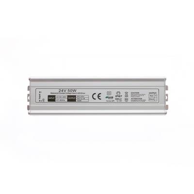 Řídicí jednotka LED, 24V 50W, obdélníková; přední panel s certifikačními štítky a specifikacemi, ideální pro efektivní a spolehlivá řešení osvětlení LED.