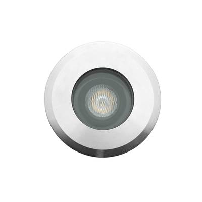 Kulaté vestavné stropní svítidlo LED, kovový rám stříbrné barvy, uprostřed kulatý skleněný kryt, moderní design pro energeticky úsporné osvětlení interiéru.