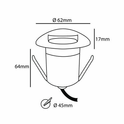 Schéma znázorňující rozměry vestavného světla LED: průměr 62 mm, výška 64 mm, hloubka 17 mm, průměr základny 45 mm; včetně dvou pružinových svorek.