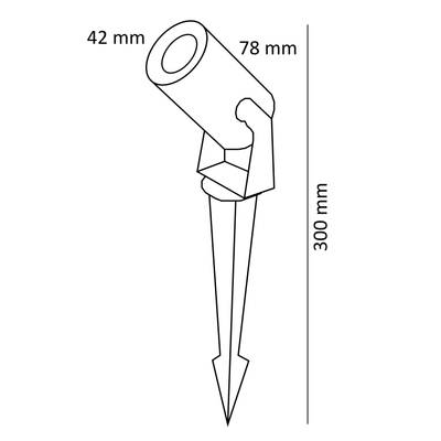 Venkovní světlo o rozměrech: průměr 42 mm, délka 78 mm, výška 300 mm, včetně zemního trnu; ideální pro zahradní LED osvětlení.