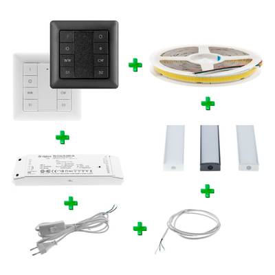 Sada LED osvětlení obsahuje spínací panel, LED pásek, LED řídicí jednotku, konektory, napájecí zdroj a vodiče. Vyobrazeno se symboly plus mezi jednotlivými položkami.