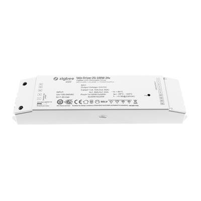 Obrázek obdélníkového bílého Zigbee Light-Driver-ZG-100W-24V s technickými údaji, logy a certifikačními symboly, ideální pro řešení osvětlení LED.