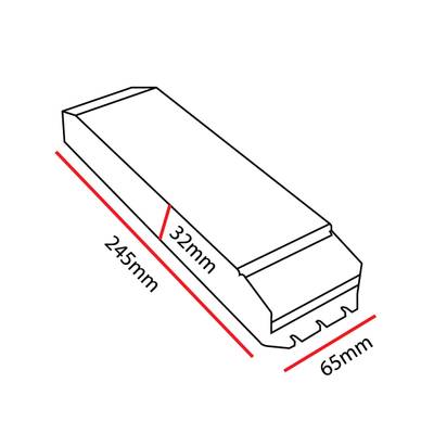 Čárový výkres obdélníkového svítidla LED o rozměrech 245 mm x 65 mm x 32 mm se stupňovitým detailem na jednom konci pro vylepšení designu.