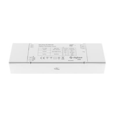 Alternativní text: "Obdélníkový bílý stmívatelný ovladač Zigbee s podrobnými informacemi a symboly pro systémy LED osvětlení na přední ploše.