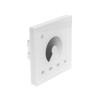 Stylový bílý dotykový panel pro ovládání osvětlení LED s kruhovou grafikou a tlačítky S1, S2, S3, S4.