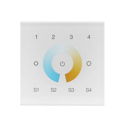 Ovládací panel osvětlení LED s dotykovou obrazovkou, stmívačem, tlačítkem napájení, solárními ikonami, zónami S1-S4.