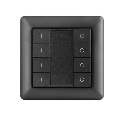 Černý panel spínače světel s několika tlačítky, čtvercový rámeček; ideální pro potřeby moderního ovládání osvětlení LED.