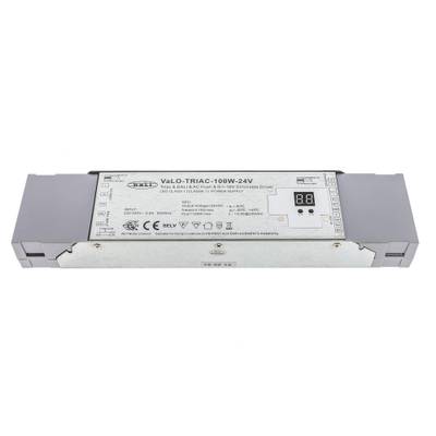 "Obdélníkový LED regulátor 'VALO-TRIAC-100W-24V' s šedými konci, technickými symboly a specifikacemi pro efektivní řešení osvětlení.