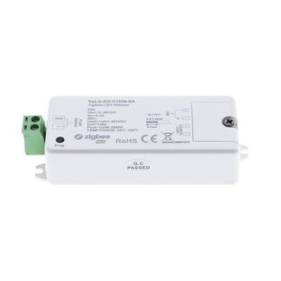 Bílý stmívač LED "YAlo-2G-V1236-8A" se Zigbee; zobrazuje konektory pro zapojení a specifikace pro optimalizované ovládání osvětlení.