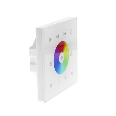 Bílý obdélníkový dotykový panel pro osvětlení RGB LED s kruhovým barevným kolečkem a tlačítky pro napájení, nastavení a navigaci.