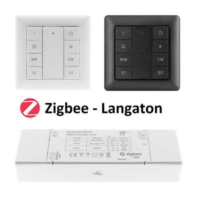 Alternativní text: Panely bezdrátových spínačů světla Zigbee s černými a bílými tlačítky a bílým řídicím modulem Zigbee. Text zní: "Zigbee Wireless".