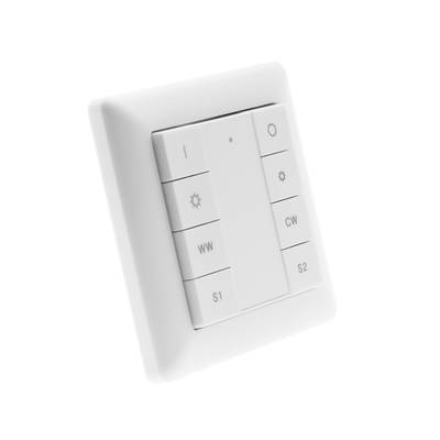 Nástěnný vypínač pro LED osvětlení: čtvercový, bílý design s tlačítky pro stmívání, barevné teplo (WW/CW) a funkce napájení (I, O, S1, S2).