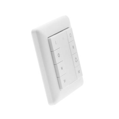 Chytrý vypínač, bílý čtvercový design s tlačítky slunce, dešťová kapka, S1 a S2; ideální pro ovládání osvětlení LED; minimalistické bílé pozadí.