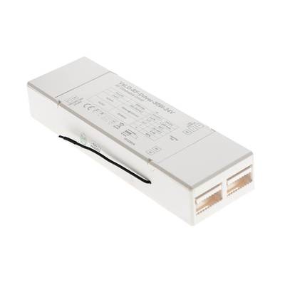 Bílý obdélníkový napájecí zdroj s konektory, štítky a specifikacemi pro systémy LED osvětlení.
