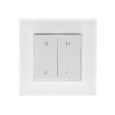 "Minimalistický nástěnný vypínací panel se čtyřmi tlačítky pro zapnutí, přehrávání, jas a reset na bílém pozadí.