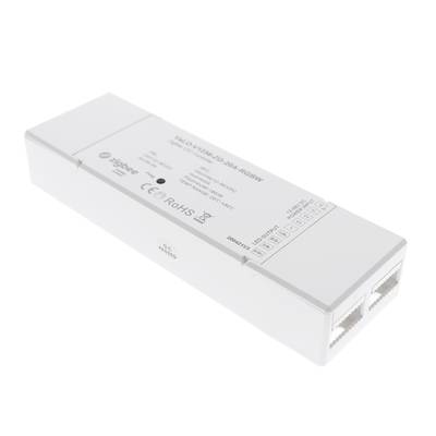 Detailní záběr bílého LED regulátoru s několika porty a tištěnými specifikacemi pro energeticky účinná řešení osvětlení.